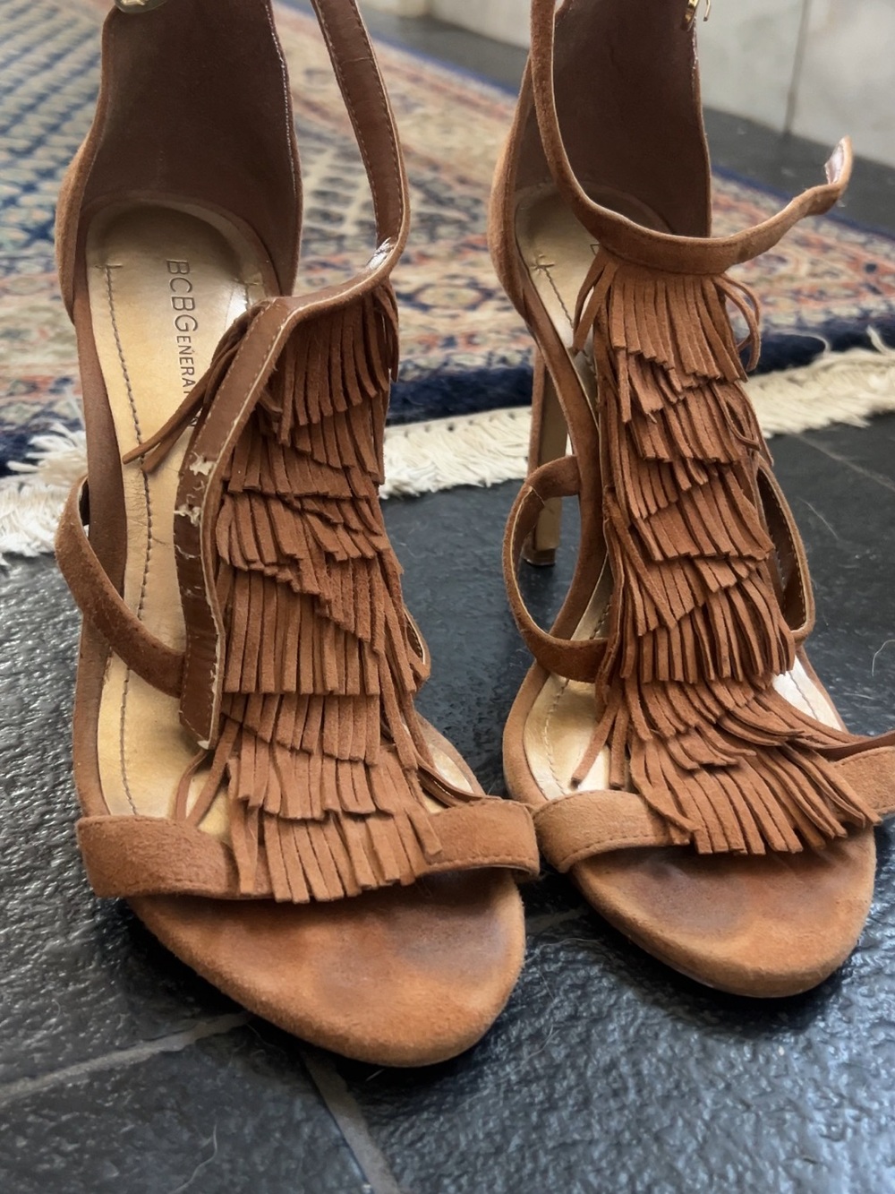 BCBGeneration Brown Suede Fringe Stiletto Sandals